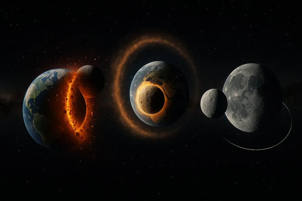 ジャイアントインパクトによる地球と天体の衝突から、月が形成されるまでの過程を4段階で表現した想像図。かけらの集積や月の軌道形成が視覚化されている。