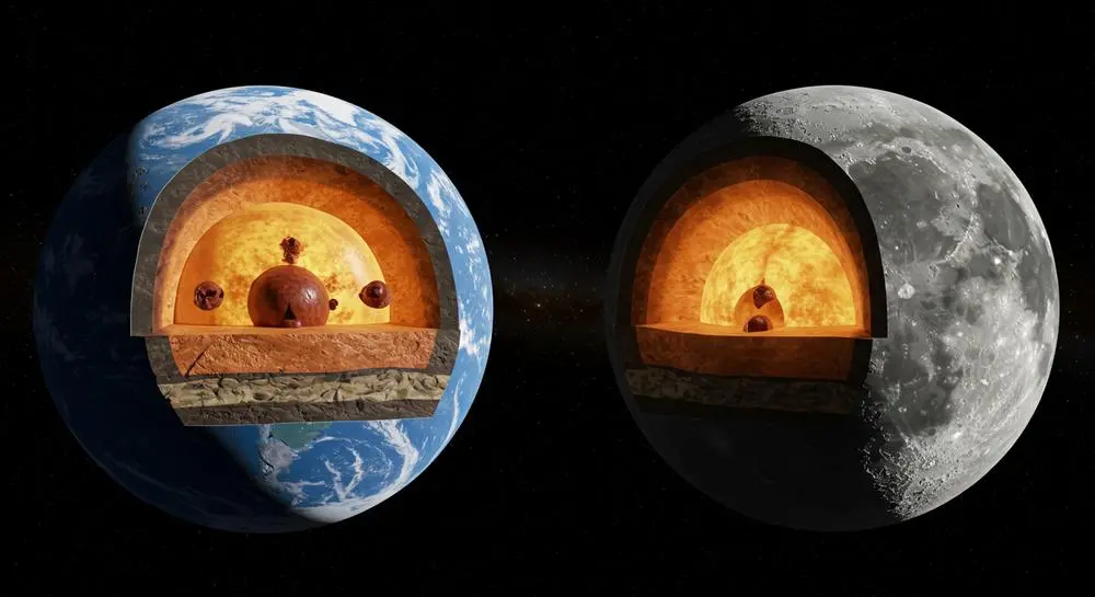 地球と月の内部構造を並べて比較したイメージ図。地球の大きく重いコアに対して、月の小さく鉄の少ないコアが視覚的に表現されている。