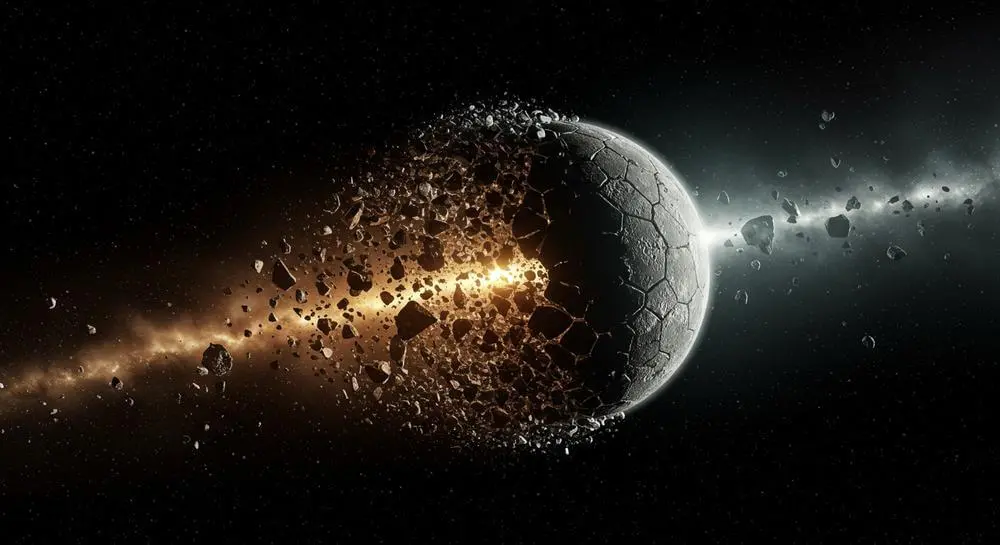 宇宙空間で無数の破片が重力に引き寄せられ、徐々に1つの球体を形成している様子を描いた天体形成のイメージ図。月の起源を象徴するビジュアル。