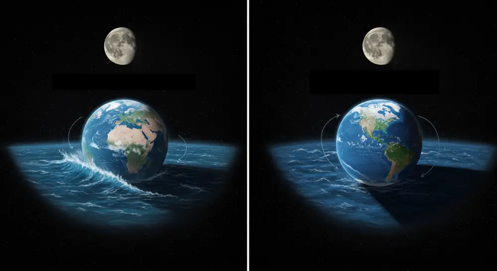 月が近いときと遠いときで変化する地球の潮汐と自転の様子を比較したイメージ図