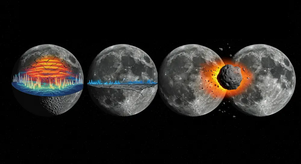 月で発生する4種類の月震(深発月震、浅発月震、熱による月震、隕石衝突による月震)を視覚的に表現したイラスト。月の内部構造や衝突の様子が描かれている。
