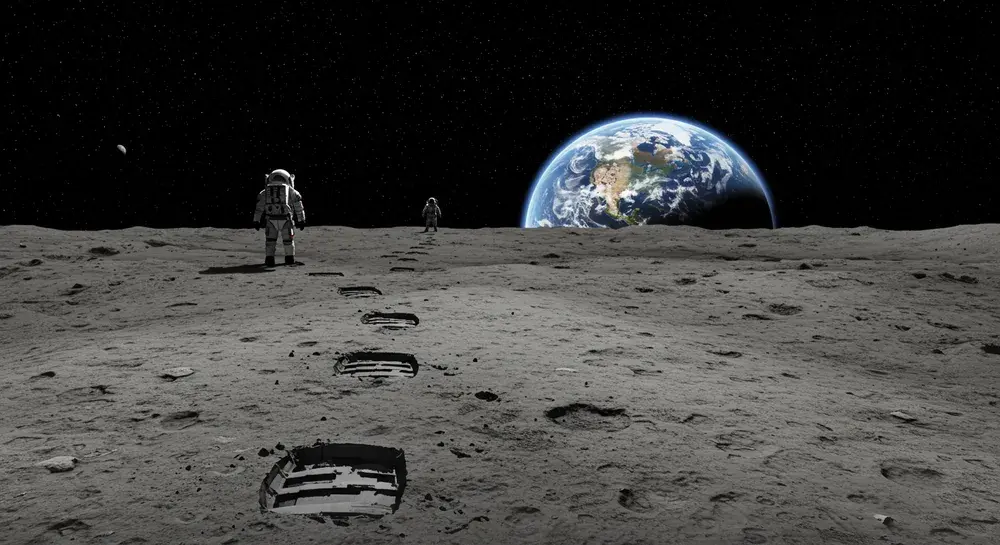 月面に並ぶ足跡と、遠くを見つめる宇宙飛行士たち。背景には地球が輝き、アポロ計画の歴史と未来の月探査を象徴するCGイメージ。