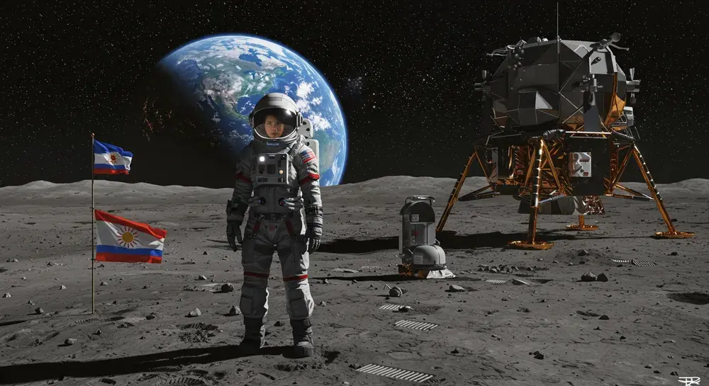 未来の月面探査をイメージした女性宇宙飛行士のCG。背景には地球が浮かび、旗と着陸船が描かれている。