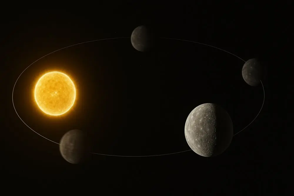 水星が太陽のまわりを公転しながら自転している様子を表現したイメージ図。太陽と水星の位置関係が視覚的に示されている。