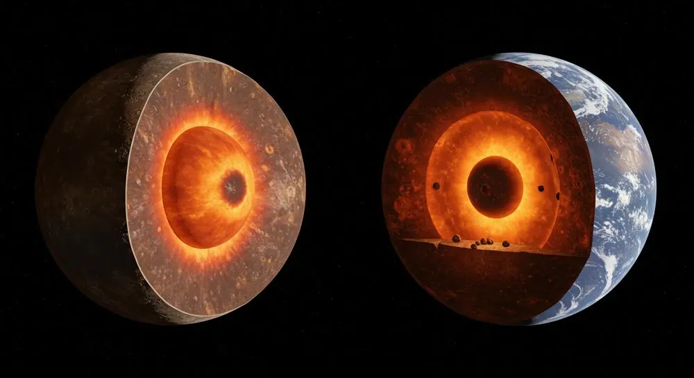水星と地球の内部構造を比較した断面図。水星は巨大なコアが惑星全体の大部分を占めており、地球の標準的な構造との違いが一目でわかる。