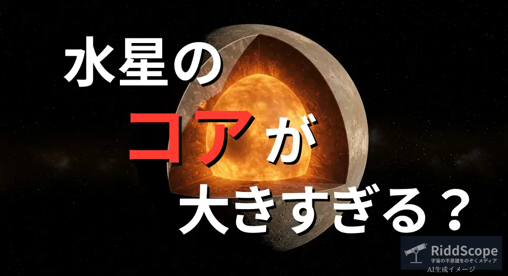 水星の内部構造と、異常に大きなコアを強調したイメージ図
