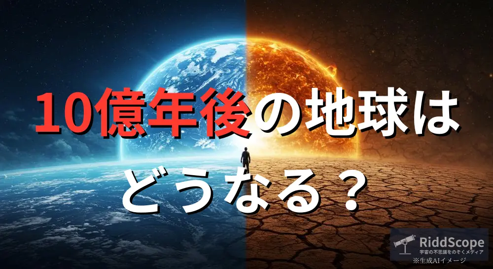 現在の地球と未来の灼熱の大地を対比する象徴的な構図（生成AIによるイメージ図）