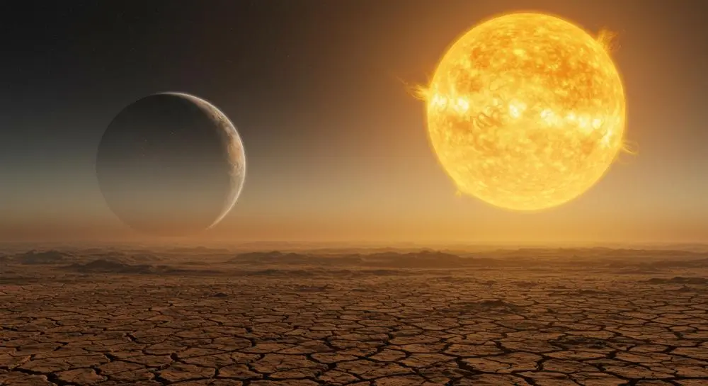 未来の地球を照らす巨大な太陽と、干上がった地表のイメージ(生成AIによる想像図)