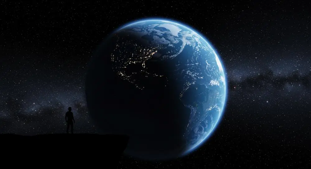 宇宙空間から地球を見つめる人のシルエット(生成AIによる未来を象徴するイメージ)