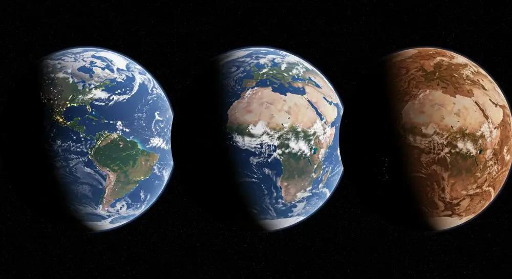 青い地球がゆっくりと乾いた惑星へと変化していく未来のイメージ(生成AIによる視覚化)